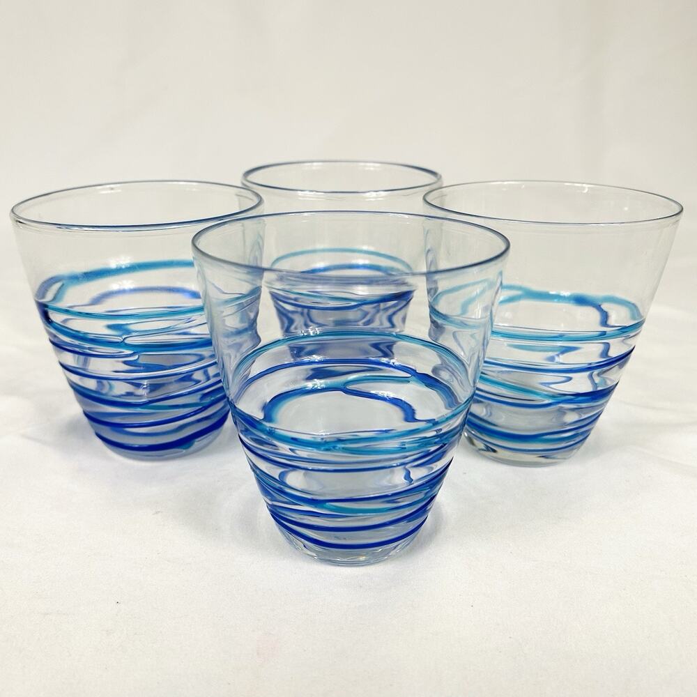 Set of 3 Glass Drink Tumblers Applied Cobalt and Aqua Swirl Spiral